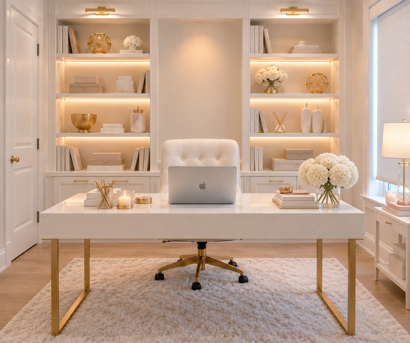 A bright, elegant workspace with gold accents — where the Shine Room course is being created