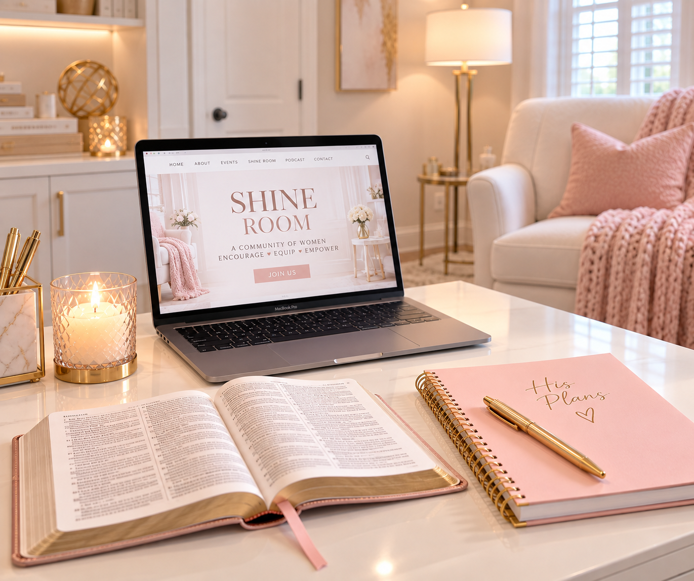 A laptop showing The Shine Room beside an open Bible and a pink 'His Plans' notebook